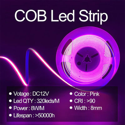 Υψηλή φωτεινότητα COB Led Strip Light CE RoHs IP20 Ra90 8mm Width 12V 24V 320Leds Ροζ