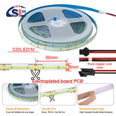 Αδιάβροχο COB Led Strip Light IP20/IP65 8mm 12V24V 320Leds 2700K Ένα εκατοστό κόψιμο 3-