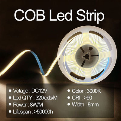 8mm πλάτος 12V 24V 3000K Warm COB Led Strip Light CE RoHs IP20 με 50000 ώρες διάρκεια ζωής