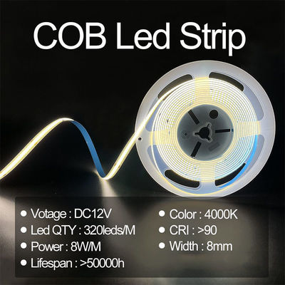 Υψηλή φωτεινότητα COB LED Strip Light CE RoHs IP20 8mm Width 12V 24V 4000K Φύση Φωτισμός Strip