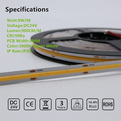 Υποστήριξη Dimmer υψηλή φωτεινότητα 8mm10mm 320leds 3000k-6500k COB LED Strip Light με 3-