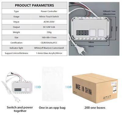 60W Μίνι Smart Mirror Touch LED Light Switch με Defogger DC12V Δείκτης χρόνου και θερμοκρασίας