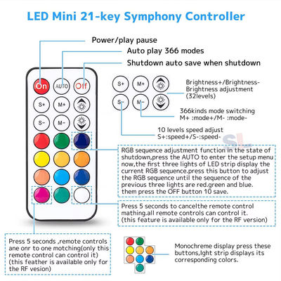 120lm/w Υποστήριξη IC τύπου 12V 21Keys RF τηλεχειριστή ψηφιακού LED για WS2811 WS2812